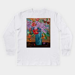 Some mixed vibrant flowers in a glass vase . Kids Long Sleeve T-Shirt